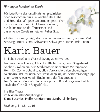 Traueranzeige von Karin Bauer von WVG - Wochenspiegel Quedlinburg
