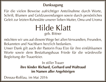 Traueranzeige von Hilde Klatt von WVG - Wochenspiegel Dessau / Köthen