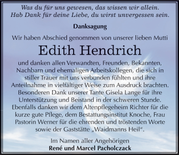 Traueranzeige von Edith Hendrich von Mitteldeutsche Zeitung Aschersleben