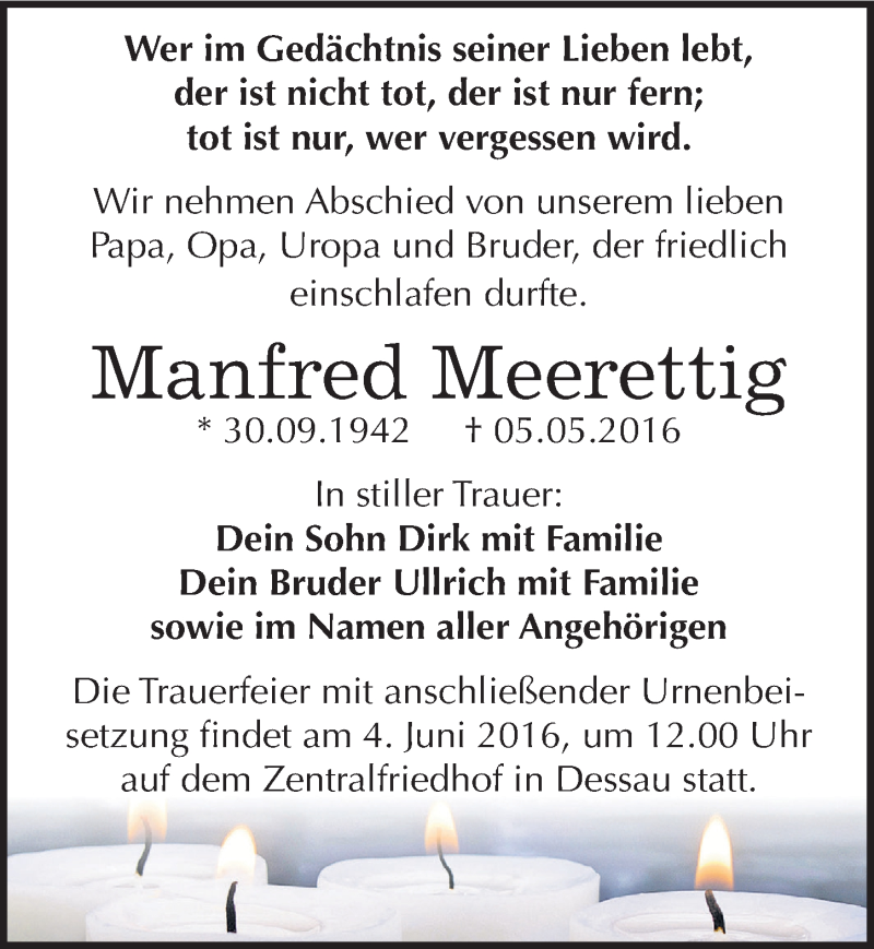  Traueranzeige für Manfred Meerettig vom 28.05.2016 aus Mitteldeutsche Zeitung Dessau-Roßlau