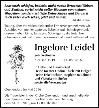 Traueranzeige von Ingelore Leidel von Mitteldeutsche Zeitung Köthen