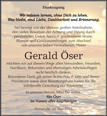 Traueranzeige von Gerald Öser von Mitteldeutsche Zeitung Mansfelder Land