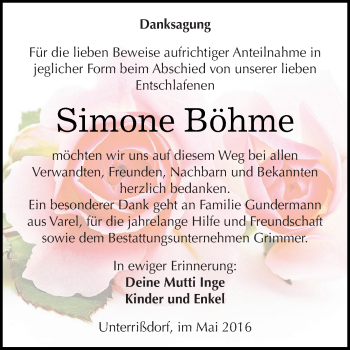 Traueranzeige von Simone Böhme von Super Sonntag SGH Mansf. Land