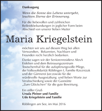 Traueranzeige von Maria Kriegelstein von Mitteldeutsche Zeitung Mansfelder Land