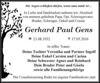 Traueranzeige von Gerhard Paul Gens von WVG - Wochenspiegel Dessau / Köthen