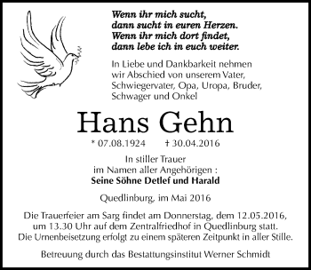 Traueranzeige von Hans Gehn von Mitteldeutsche Zeitung Quedlinburg