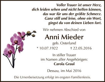 Traueranzeige von Anni Mieder von WVG - Wochenspiegel Dessau / Köthen