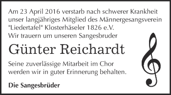Traueranzeige von Günter Reichardt von WVG - Wochenspiegel NMB / WSF / ZTZ