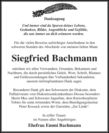 Traueranzeige von Siegfried Bachmann von WVG - Wochenspiegel Dessau / Köthen