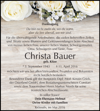 Traueranzeige von Christa Bauer von WVG - Wochenspiegel NMB / WSF / ZTZ