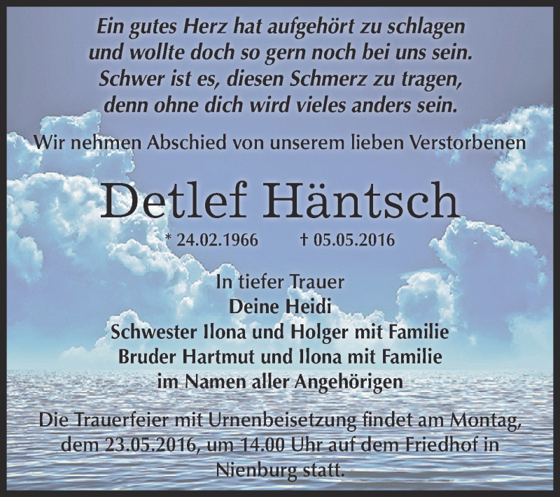  Traueranzeige für Detlef Häntsch vom 14.05.2016 aus Super Sonntag Bernburg
