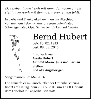 Traueranzeige von Bernd Hubert von Mitteldeutsche Zeitung Sangerhausen