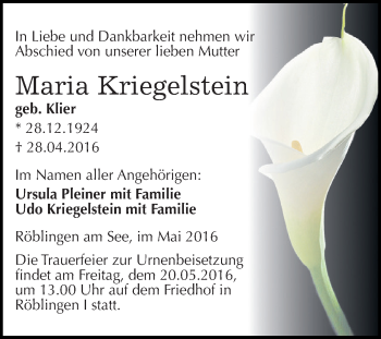 Traueranzeige von Maria Kriegelstein von Wochenspiegel Mansfelder Land