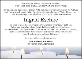 Traueranzeige von Ingrid Eschke von Mitteldeutsche Zeitung Mansfelder Land