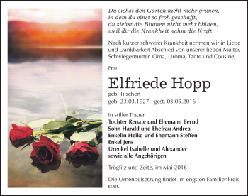Traueranzeige von Elfriede Hopp von Mitteldeutsche Zeitung Zeitz