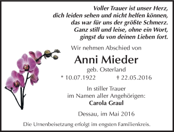 Traueranzeige von Anni Mieder von Mitteldeutsche Zeitung Dessau-Roßlau