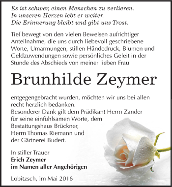 Traueranzeige von Brunhilde Zeymer von Mitteldeutsche Zeitung Weißenfels
