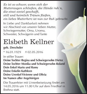 Traueranzeige von Elsbeth Kellner von Mitteldeutsche Zeitung Bitterfeld