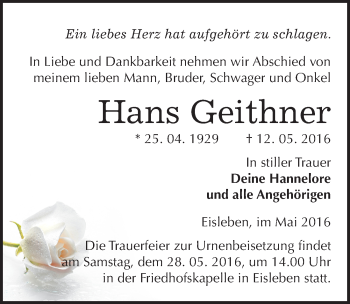 Traueranzeige von Hans Geithner von Mitteldeutsche Zeitung Mansfelder Land
