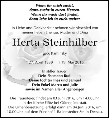 Traueranzeige von Herta  Steinhilber von Mitteldeutsche Zeitung Dessau-Roßlau