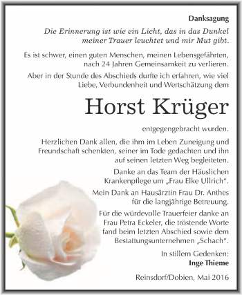 Traueranzeige von Horst Krüger von Super Sonntag Wittenberg