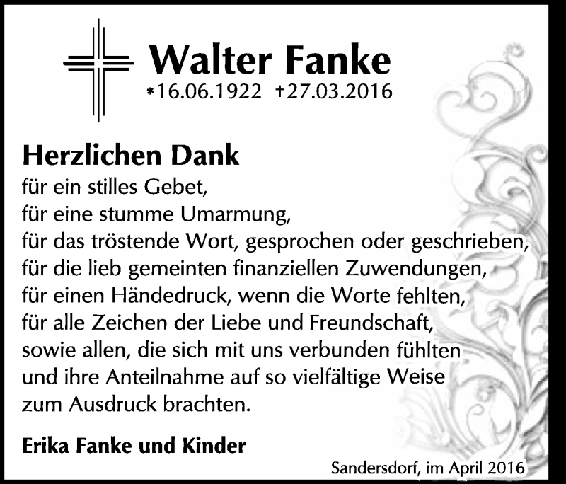 Traueranzeigen von Walter Franke www.abschiednehmen.de