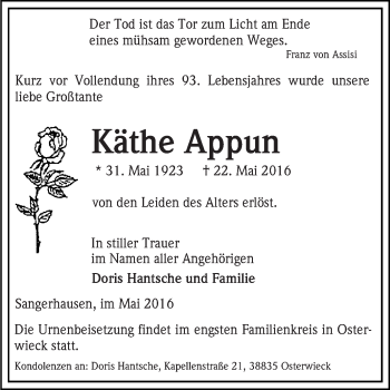 Traueranzeige von Käthe Appun von Super Sonntag Quedlinburg