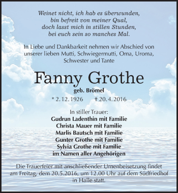 Traueranzeige von Fanny Grothe von Mitteldeutsche Zeitung Halle/Saalkreis