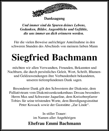 Traueranzeige von Siegfried Bachmann von Mitteldeutsche Zeitung Dessau-Roßlau