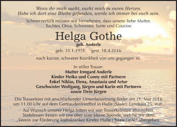 Traueranzeige von Helga Gothe von Mitteldeutsche Zeitung Halle/Saalkreis