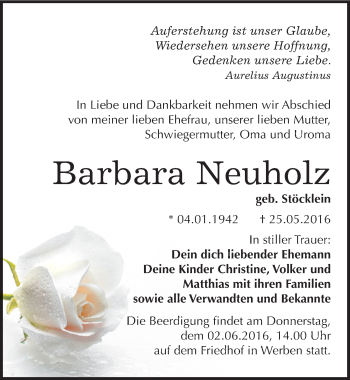 Traueranzeige von Barbara Neuholz von Mitteldeutsche Zeitung Bitterfeld