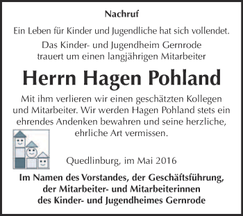Traueranzeige von Hagen Pohland von Super Sonntag Quedlinburg