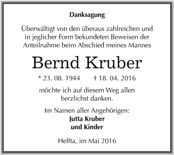Traueranzeige von Bernd Kruber von Wochenspiegel Mansfelder Land