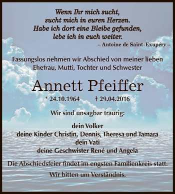 Traueranzeige von Annett Pfeiffer von WVG - Wochenspiegel Dessau / Köthen