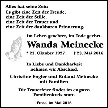 Traueranzeige von Wanda Meinecke von WVG - Wochenspiegel Quedlinburg