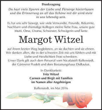 Traueranzeige von Margot Witzel von Mitteldeutsche Zeitung Quedlinburg