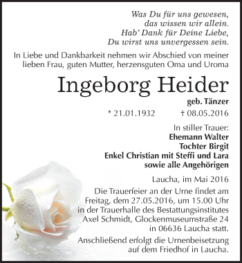 Traueranzeige von Ingeborg Heider von Mitteldeutsche Zeitung Naumburg/Nebra
