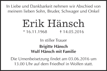 Traueranzeige von Erik Hänsch von WVG - Wochenspiegel Bitterfeld