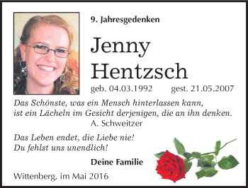 Traueranzeige von Jenny Hentzsch von Mitteldeutsche Zeitung Wittenberg