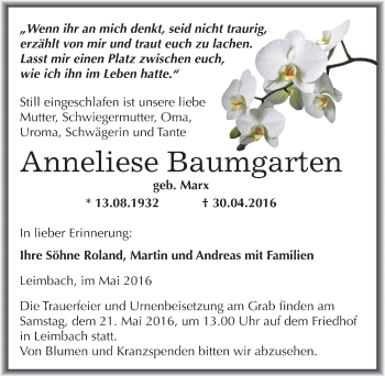 Traueranzeige von Anneliese Baumgarten von Mitteldeutsche Zeitung Mansfelder Land