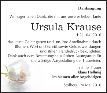 Traueranzeige von Ursula Krause von Mitteldeutsche Zeitung Sangerhausen