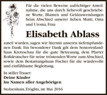 Traueranzeige von Elisabeth Ablass von Super Sonntag Zeitz