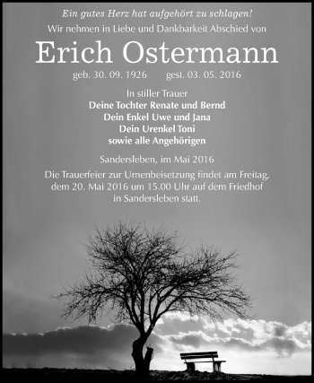 Traueranzeige von Erich Ostermann von Wochenspiegel Mansfelder Land