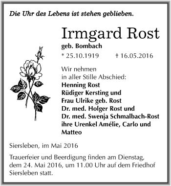 Traueranzeige von Irmgard Rost von Mitteldeutsche Zeitung Mansfelder Land
