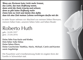 Traueranzeige von Roberto Huth von WVG - Wochenspiegel NMB / WSF / ZTZ