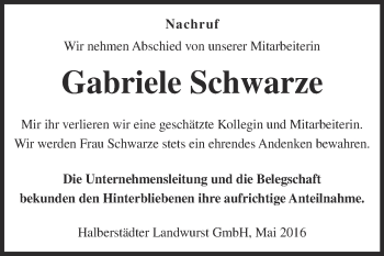 Traueranzeige von Gabriele Schwarze von Super Sonntag Quedlinburg