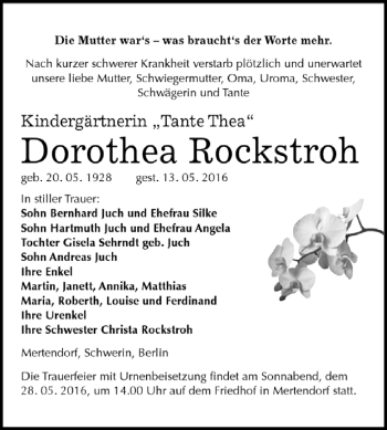 Traueranzeige von Dorothea Rockstroh von WVG - Wochenspiegel NMB / WSF / ZTZ