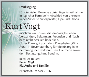 Traueranzeige von Kurt Vogt von Mitteldeutsche Zeitung Sangerhausen