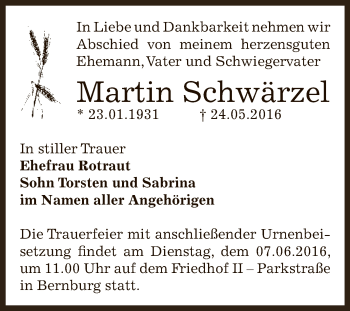 Traueranzeige von Martin Schwärzel von Super Sonntag Bernburg