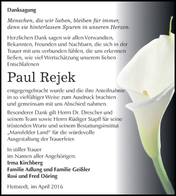 Traueranzeige von Paul Rejek von Wochenspiegel Mansfelder Land